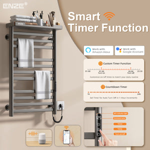ENZE Smart Heated Towel Rack, 11-Bar Wall-Mounted Electric Towel Warmer 290W with Shelf, Wi-Fi App Control & LED Touch Screen, Adjustable Temperature & 24H Timer, IPX5, Plug-in/Hardwired, Gray