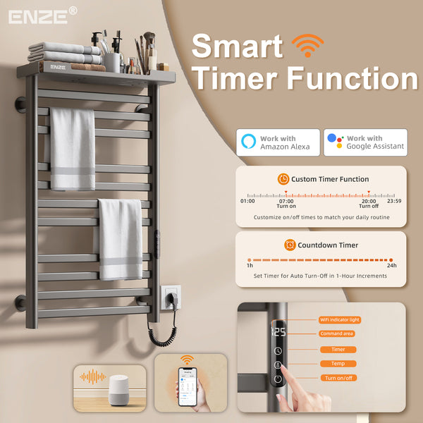 ENZE Smart Heated Towel Rack, 11-Bar Wall-Mounted Electric Towel Warmer 290W with Shelf, Wi-Fi App Control & LED Touch Screen, Adjustable Temperature & 24H Timer, IPX5, Plug-in/Hardwired, Gray