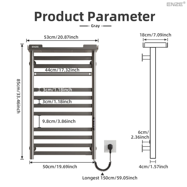 ENZE Smart Heated Towel Rack, 11-Bar Wall-Mounted Electric Towel Warmer 290W with Shelf, Wi-Fi App Control & LED Touch Screen, Adjustable Temperature & 24H Timer, IPX5, Plug-in/Hardwired, Gray