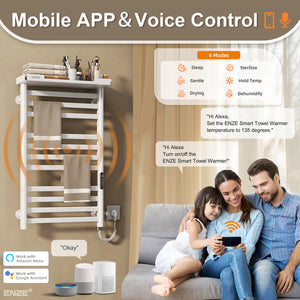 ENZE Smart Heated Towel Rack, 11-Bar Wall-Mounted Electric Towel Warmer 290W with Shelf, Wi-Fi App Control & LED Touch Screen, Adjustable Temperature & 24H Timer, IPX5, Plug-in/Hardwired, White