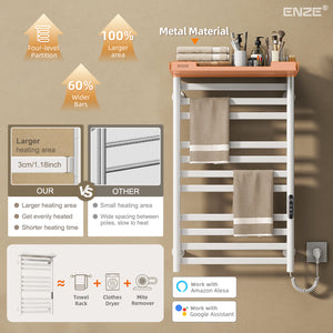 ENZE Smart Heated Towel Rack, 11-Bar Wall-Mounted Electric Towel Warmer 290W with Shelf, Wi-Fi App Control & LED Touch Screen, Adjustable Temperature & 24H Timer, IPX5, Plug-in/Hardwired, White