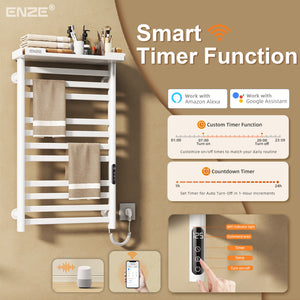 ENZE Smart Heated Towel Rack, 11-Bar Wall-Mounted Electric Towel Warmer 290W with Shelf, Wi-Fi App Control & LED Touch Screen, Adjustable Temperature & 24H Timer, IPX5, Plug-in/Hardwired, White
