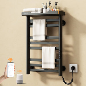 ENZE Smart Heated Towel Rack, 8-Bar Wall-Mounted Electric Towel Warmer 160W with Shelf, Wi-Fi App Control & LED Touch Screen, Adjustable Temperature & 24H Timer, IPX5, Plug-in/Hardwired, Matte Black