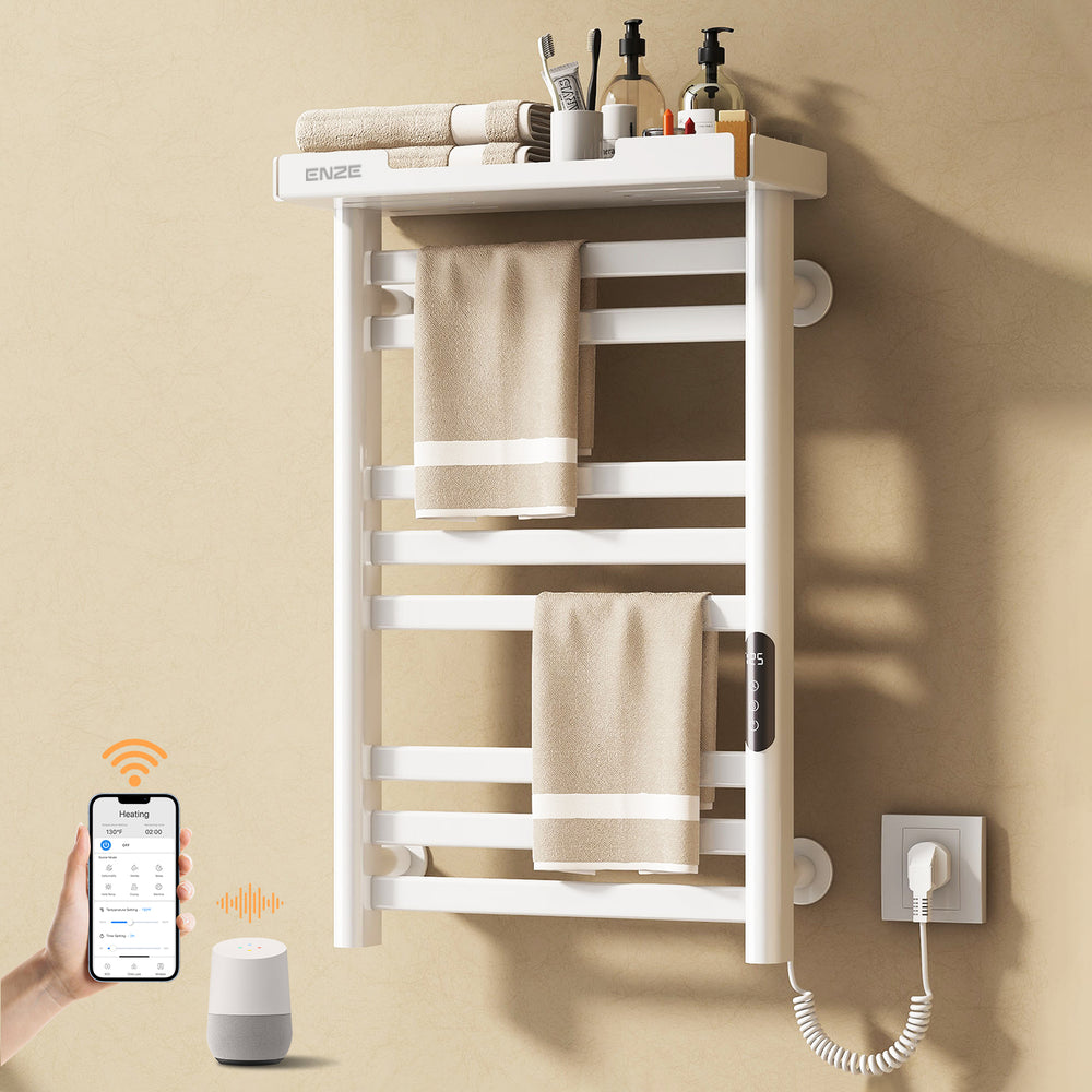 ENZE Smart Heated Towel Rack, 8-Bar Wall-Mounted Electric Towel Warmer 160W with Shelf, Wi-Fi App Control & LED Touch Screen, Adjustable Temperature & 24H Timer, IPX5, Plug-in/Hardwired, White