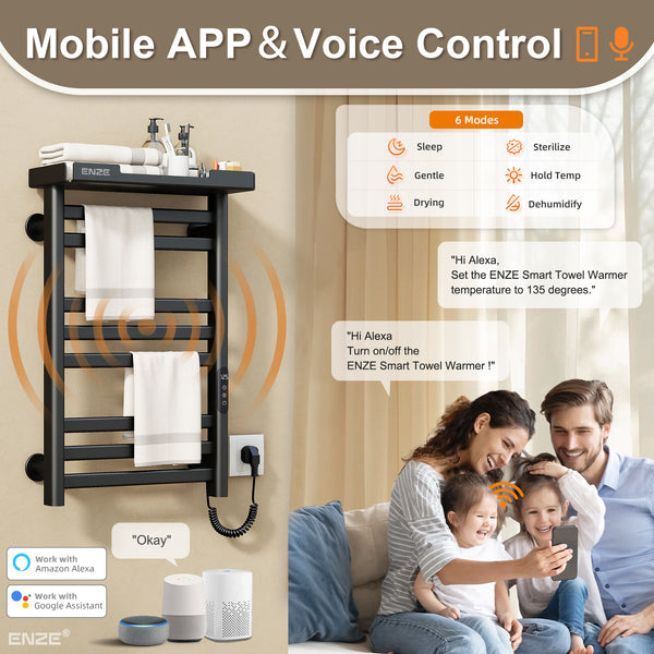 ENZE Smart Heated Towel Rack, 8-Bar Wall-Mounted Electric Towel Warmer 160W with Shelf, Wi-Fi App Control & LED Touch Screen, Adjustable Temperature & 24H Timer, IPX5, Plug-in/Hardwired, Matte Black