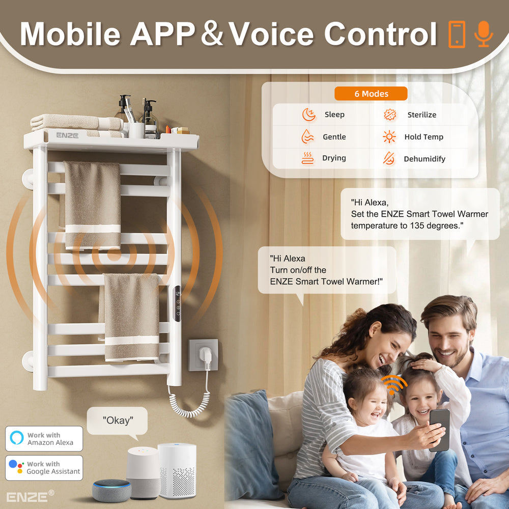 ENZE Smart Heated Towel Rack, 8-Bar Wall-Mounted Electric Towel Warmer 160W with Shelf, Wi-Fi App Control & LED Touch Screen, Adjustable Temperature & 24H Timer, IPX5, Plug-in/Hardwired, White