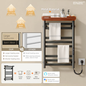 ENZE Smart Heated Towel Rack, 8-Bar Wall-Mounted Electric Towel Warmer 160W with Shelf, Wi-Fi App Control & LED Touch Screen, Adjustable Temperature & 24H Timer, IPX5, Plug-in/Hardwired, Matte Black
