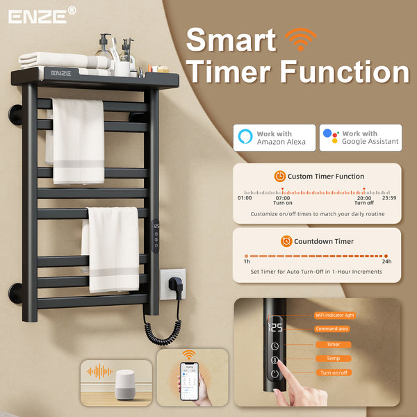 ENZE Smart Heated Towel Rack, 8-Bar Wall-Mounted Electric Towel Warmer 160W with Shelf, Wi-Fi App Control & LED Touch Screen, Adjustable Temperature & 24H Timer, IPX5, Plug-in/Hardwired, Matte Black