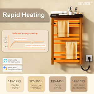 ENZE Smart Heated Towel Rack, 8-Bar Wall-Mounted Electric Towel Warmer 160W with Shelf, Wi-Fi App Control & LED Touch Screen, Adjustable Temperature & 24H Timer, IPX5, Plug-in/Hardwired, Matte Black
