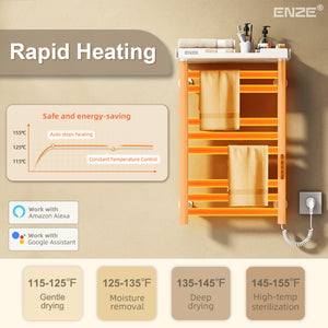 ENZE Smart Heated Towel Rack, 8-Bar Wall-Mounted Electric Towel Warmer 160W with Shelf, Wi-Fi App Control & LED Touch Screen, Adjustable Temperature & 24H Timer, IPX5, Plug-in/Hardwired, White