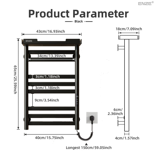 ENZE Smart Heated Towel Rack, 8-Bar Wall-Mounted Electric Towel Warmer 160W with Shelf, Wi-Fi App Control & LED Touch Screen, Adjustable Temperature & 24H Timer, IPX5, Plug-in/Hardwired, Matte Black