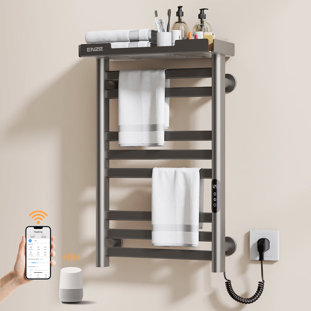 ENZE Smart Heated Towel Rack, 8-Bar Wall-Mounted Electric Towel Warmer 160W with Shelf, Wi-Fi App Control & LED Touch Screen, Adjustable Temperature & 24H Timer, IPX5, Plug-in/Hardwired, Gray
