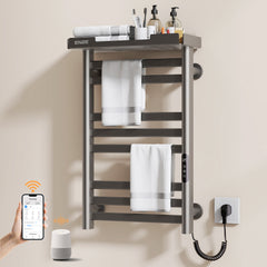 ENZE Smart Heated Towel Rack, 8-Bar Wall-Mounted Electric Towel Warmer 160W with Shelf, Wi-Fi App Control & LED Touch Screen, Adjustable Temperature & 24H Timer, IPX5, Plug-in/Hardwired, Gray
