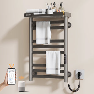 ENZE Smart Heated Towel Rack, 8-Bar Wall-Mounted Electric Towel Warmer 160W with Shelf, Wi-Fi App Control & LED Touch Screen, Adjustable Temperature & 24H Timer, IPX5, Plug-in/Hardwired, Gray