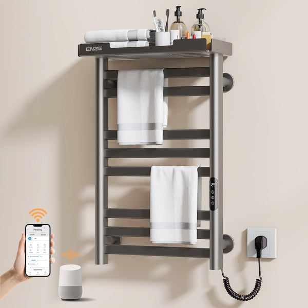 ENZE Smart Heated Towel Rack, 8-Bar Wall-Mounted Electric Towel Warmer 160W with Shelf, Wi-Fi App Control & LED Touch Screen, Adjustable Temperature & 24H Timer, IPX5, Plug-in/Hardwired, Gray