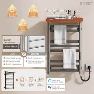 ENZE Smart Heated Towel Rack, 8-Bar Wall-Mounted Electric Towel Warmer 160W with Shelf, Wi-Fi App Control & LED Touch Screen, Adjustable Temperature & 24H Timer, IPX5, Plug-in/Hardwired, Gray