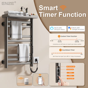 ENZE Smart Heated Towel Rack, 8-Bar Wall-Mounted Electric Towel Warmer 160W with Shelf, Wi-Fi App Control & LED Touch Screen, Adjustable Temperature & 24H Timer, IPX5, Plug-in/Hardwired, Gray