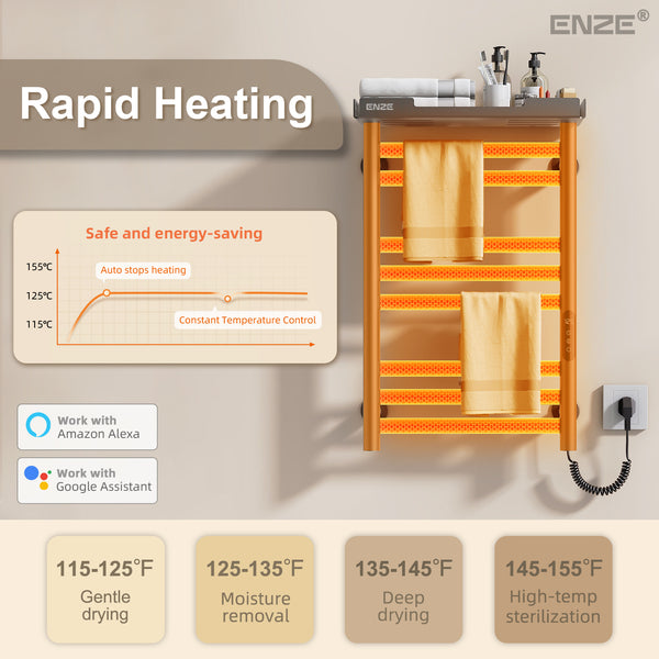 ENZE Smart Heated Towel Rack, 8-Bar Wall-Mounted Electric Towel Warmer 160W with Shelf, Wi-Fi App Control & LED Touch Screen, Adjustable Temperature & 24H Timer, IPX5, Plug-in/Hardwired, Gray