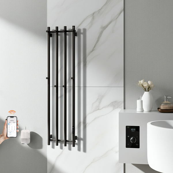 ENZE Smart Heated Towel Rack, Wall Mounted Electric Towel Warmer 300W for Bathroom, WiFi App Control & LED Touch Screen, Adjustable Temp & 24H Timer, Vertical Model, IPX5, Plug-in/Hardwired, Black